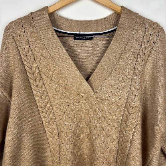 Nautica Jeans Women’s Camel Tan V Neck Cable Knit Sweater Soft Preppy Minimalist - Picture 5 of 13